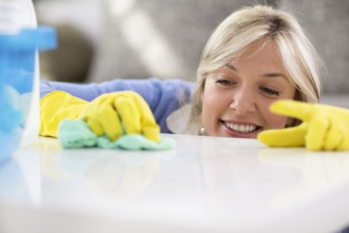 Professional carpet cleaner treating a hallway carpet